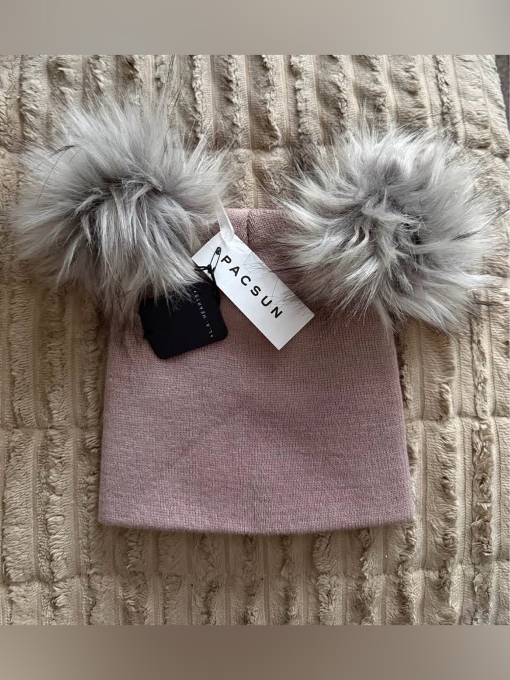 PacSun LA Hearts Mauve Double Pom Beanie NWT